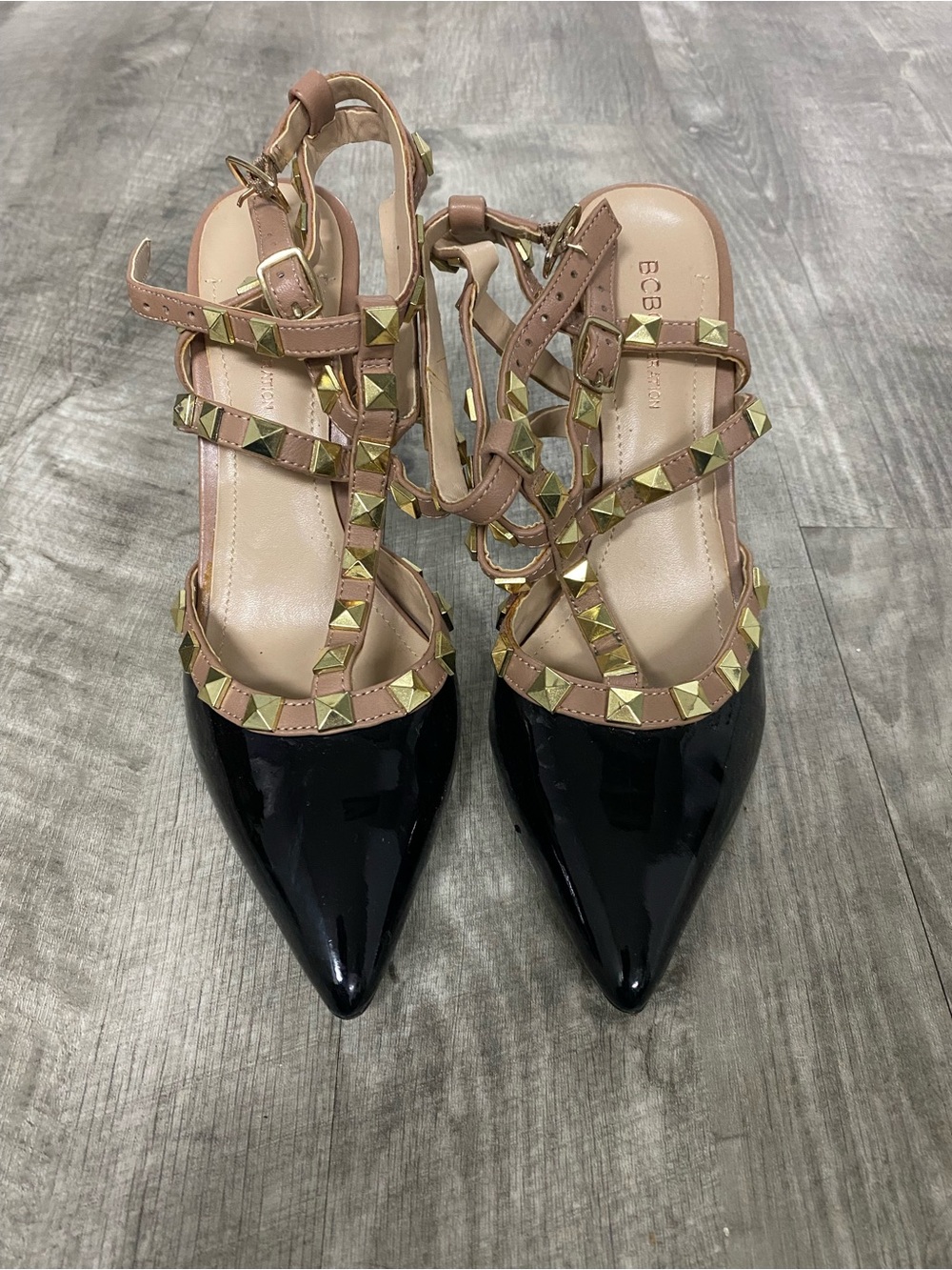 BCBG Black Patent Pointed-Toe Studded T-Strap Pumps with Nude Straps